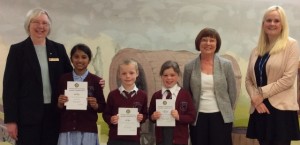 Young Writer winners Elna Mathew, Matt Byrne and Emily Wright with Rotarians Pam Spokes, Diana Thurston and teacher Kayleigh Turner