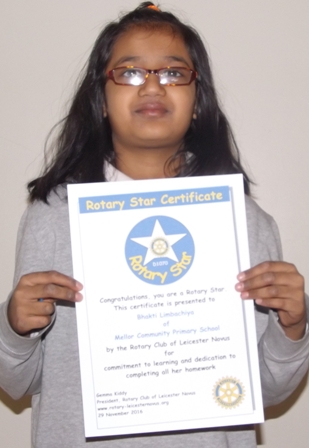 Bhakti Limbachiya, Mellor Rotary Star for commitment to learning and dedication to completing all her homework