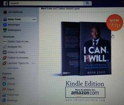 The Facebook page on which Mark Esho announced the launch of his inspirational book I Can. I Will.