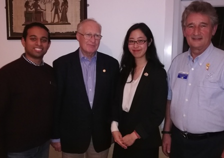 President Jason Chauhan welcomes visitors incoming Distirct Governor Rodney Spokes, Mail Tsumura and speaker Irvin Metcalf