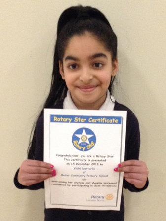 Vidhi Natvarlal for overcoming her shyness and showing increased confidence by participating in class discussions 