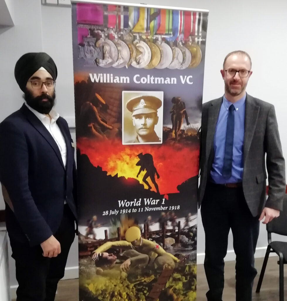 President Kartar with Tim Coltman, giving a talk on his Great Grandfather, William Coltman VC.